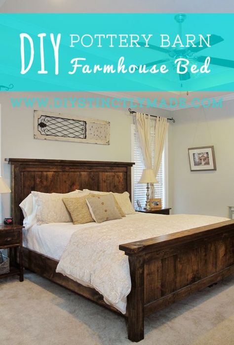 DIY Pottery Barn Farmhouse Bed - Easy plan and cost less than $200 to build | DIYstinctlyMade.com #diy #potterybarn #farmhouse Pottery Barn Farmhouse Bed, Diy Farmhouse Bed, Diy Keramik, Farmhouse Bed, Diy Platform Bed, Diy Bed Frame, Cama King, Farmhouse Bedding, Bed Plans