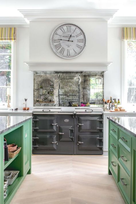 Cottage kitchen with black AGA range and green painted cabinetry.  Double islands.  Light stained wood floors. English Kitchens Design, Aga Kitchen, Modern Country Kitchens, Orchard House, Bespoke Kitchen Design, Country Kitchens, English Kitchens, Country Cottage Decor, Extension Ideas