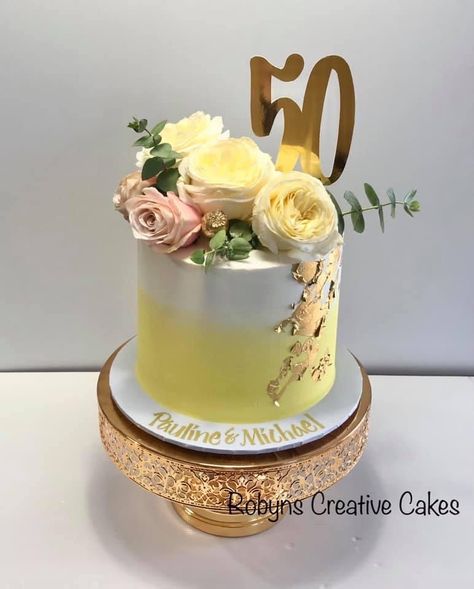 Yellow Gold Cake Design, 50th Wedding Cake, White And Yellow Cake, Cake With Flowers On Top, Birthday Cake Yellow, 50 Birthday Cake, Yellow Party Decorations, 50th Birthday Cakes For Men, Anniversary Cake Designs