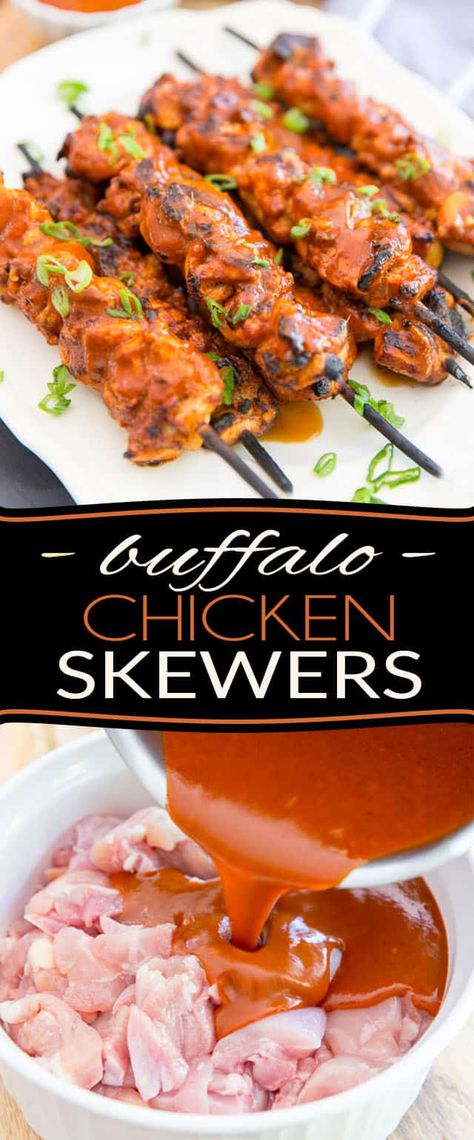 If you are a fan of Fiery Buffalo Wings, then you will be all over these Buffalo Chicken Skewers. You get all the same amazing fiery flavor, but so much more juicy, tender chicken meat per bite! Buffalo Chicken Kabobs, Grilling Marinades, Bbq Dinners, Appetizers Chicken, Grad Table, Grilled Meals, Shish Kebabs, Garden Gala, Grilled Buffalo Chicken