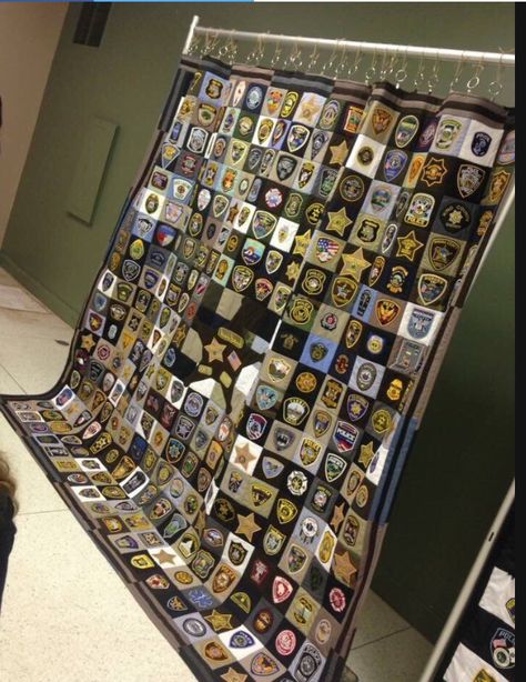 Police patch quilt Police Patch Display Ideas, Police Patches Display, Patch Display Ideas, Police Quilt, Patch Display, Police Retirement Gifts, Police Retirement, Patches Display, Travel Journaling