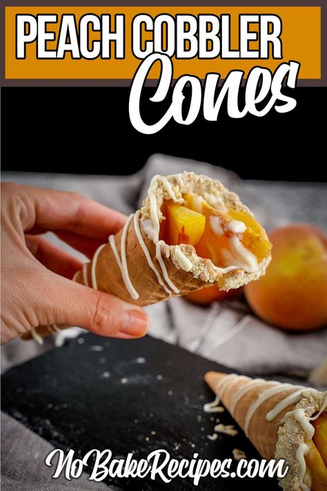 F﻿ast, fun and really a unique way to enjoy peach cobbler, these peach cobbler cones are a sure hit for anyone looking for a no-bake dessert that's truly an experience. Cinnamon Waffles, Baked Peach, Fruit Cobbler, Melting White Chocolate, Wafer Cookies, Fruit Filling, Desserts Menu, Bake Dessert, Baked Dessert Recipes