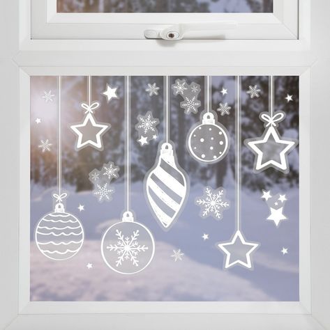 White Christmas Snowflakes, Christmas Window Decoration, Christmas Window Painting, White Baubles, Christmas Wall Stickers, Christmas Window Stickers, Decoration Window, Christmas Window Decorations, Christmas Window