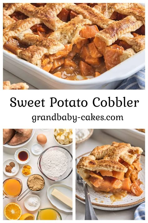 Sweet Potato Cobbler is a classic Southern dessert made during the holiday season! Tender, caramelized sweet potatoes bathing in brown sugar sit underneath a crisp, buttery pie crust in this crazy delicious and well-loved recipe! Sweet Potato Cobbler, Homemade Cookie Dough, Sweet Potato Pie Southern, Delish Cakes, Grandbaby Cakes, Buttery Pie Crust, Brown Sugar Syrup, Southern Recipes Soul Food, Southern Desserts