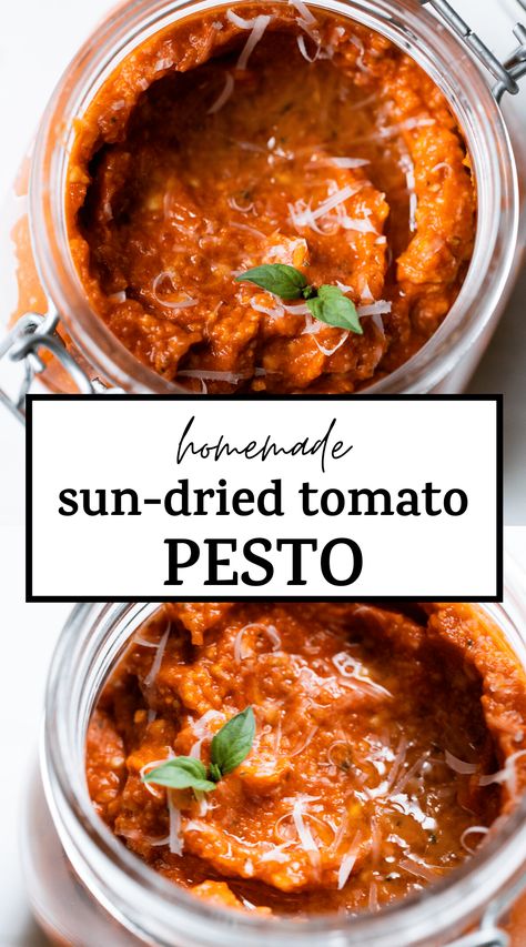 Homemade SUN-DRIED TOMATO PESTO made with cashews, sun-dried tomatoes and fresh basil. It's a delicious condiment that pairs perfectly with pasta or pizza and requires just 6 ingredients #pesto #sundriedtomato #sundriedtomatopesto Tomato Pesto Sauce, Pesto Uses, Sun Dried Tomato Pesto, Sundried Tomato Pesto, Red Pesto, Tomato Pesto, Sun Dried Tomatoes, Pesto Recipe, No Calorie Foods