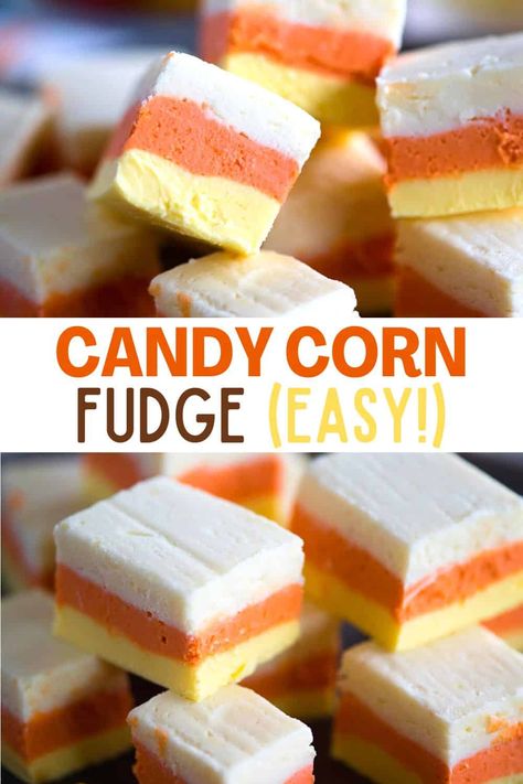 This no-bake candy corn fudge is an easy-to-make Halloween candy with only four ingredients! Melt in your mouth and cute as can be, this easy candy corn fudge recipe is a sweet treat to make with your kids! Candy Corn Fudge Recipe, Candy Corn Recipe, Butterscotch Candy, Easy Candy, Orange Food Coloring, Peanut Butter Candy, Fudge Bars, Candy Truffles, Fudge Easy