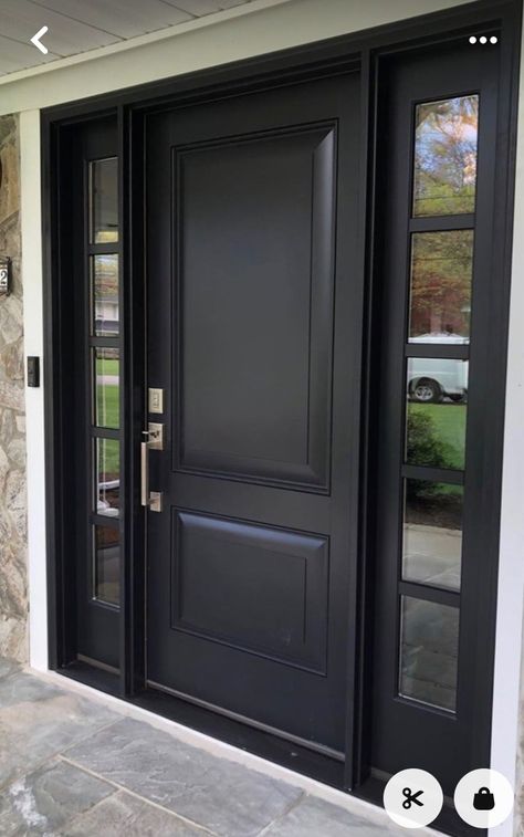 Black Front Door With White Sidelights, Large Black Front Door, Black Doors With White Trim, Black Front Door With Sidelights, Accordian Door, Exterior Doors With Sidelights, Front Door Exterior, Door With Sidelights, Black Front Door