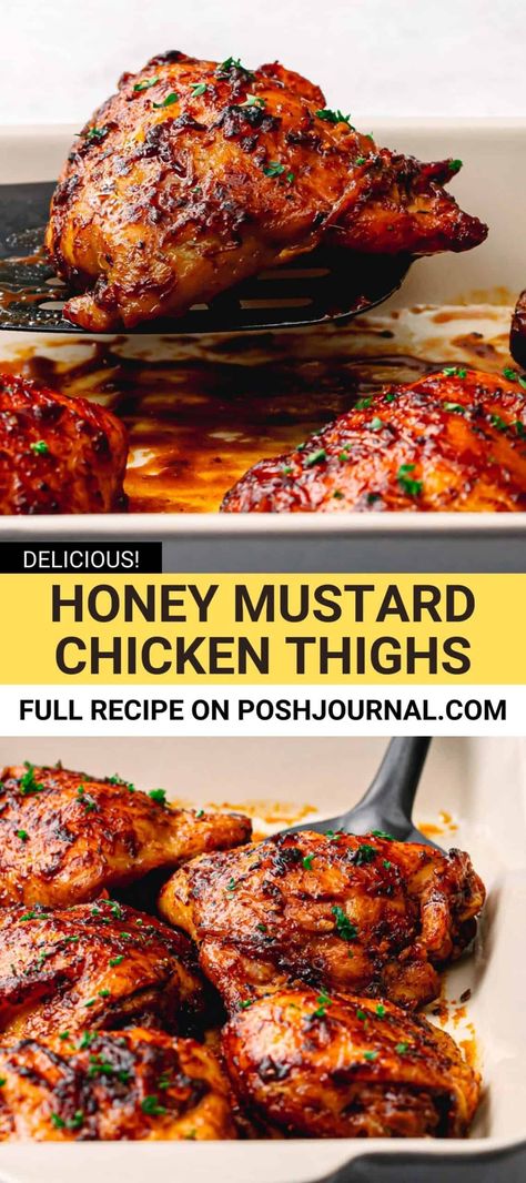 So delicious and easy to make! You're going to love this honey mustard chicken thighs recipe. The chicken thighs are coated in a homemade honey mustard sauce, then baked to perfection. It's absolutely the best easy oven baked chicken recipe to make for any weeknight dinner. #chickenthighs #ovenbakedchicken #roastedchicken #honeymustard Homemade Honey Mustard Sauce, Honey Chicken Thighs, Baked Honey Mustard Chicken, Chicken Thighs In Oven, Honey Mustard Chicken Thighs, Honey Mustard Chicken Recipes, Mustard Chicken Thighs, Baked Chicken Recipes Oven, Mustard Chicken Recipes