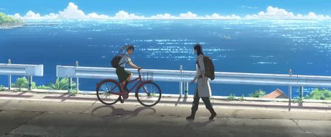 Suzume’s and Soto first encounter by the sea, Suzume goes to school by bike, see in the background Suzume Artwork, Suzume Laptop Wallpaper, Suzume No Tojimari Wallpaper Desktop, Suzume Wallpaper Desktop, Suzume Aesthetic, Japan Header, Suzume Wallpaper, Makoto Shinkai Movies, Suzume No Tojimari