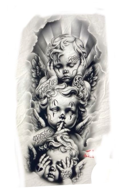 Hear No Evil See No Evil Tattoo Ideas Angels, 3 Angels Tattoo Designs, Chicano Angel Tattoo, Angels Tattoo, Arm Tattoos For Guys Forearm, Arm Tattoos Drawing, Forearm Tattoo Quotes, Cherub Tattoo, Cool Tattoo Drawings