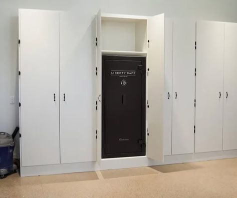 The Best Ways to Hide Your Gun Safe in Your Home | How to Hide a Safe How To Hide A Safe At Home, Cabinet Built Around Safe, Hide Safe Ideas, Hidden Safe Rooms In Houses, Closet Safe Ideas, Built In Safe, Closet Safe, Kitchen Wall Design, Office Safe