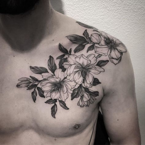 Floral Tattoo Background, Chest To Back Tattoo Men, Magnolia Neck Tattoo, Magnolia Chest Tattoo, Flower Shoulder Tattoo Men, Magnolia Tattoo Men, Mens Floral Chest Tattoo, Men Plant Tattoo, Floral Tattoos Men