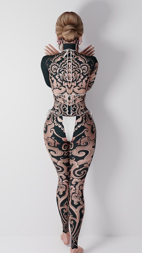 ✦Bodysuit Tattoo 02&03✦ | Patreon Bodysuit Tattoos Women, Tattoo Cc Sims 4, Women Piercings, For Honor Characters, Suit Tattoo, Negative Space Tattoo, Space Tattoos, Body Tattoo Design, Sims 4 Tattoos