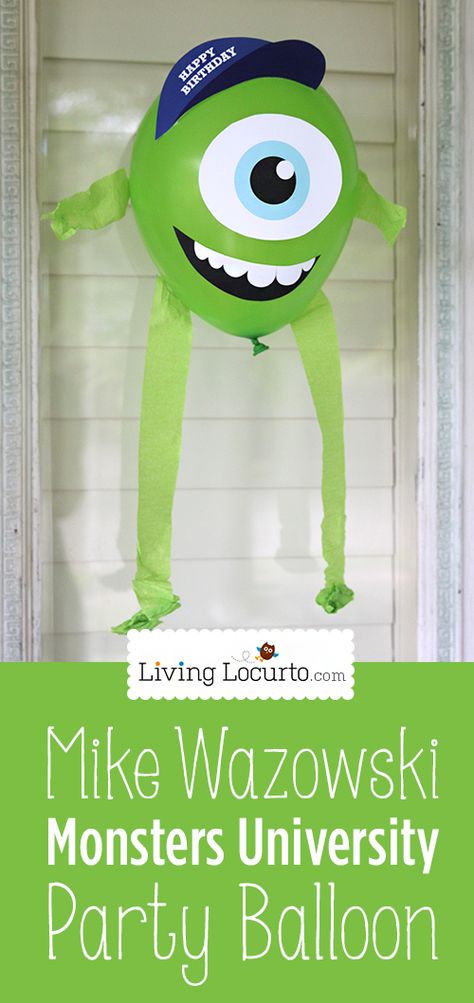 DIY Mike Wazowski Balloon. Printable Design for a fun Monsters University Birthday Party! LivingLocurto.com #monstersu #party #printable Monsters Inc Party Ideas, Monster's University, Monster University Birthday, Balloon Printable, Monster University Party, Monsters Inc Baby Shower, University Party, Monsters Inc Baby, Party Balloons Diy