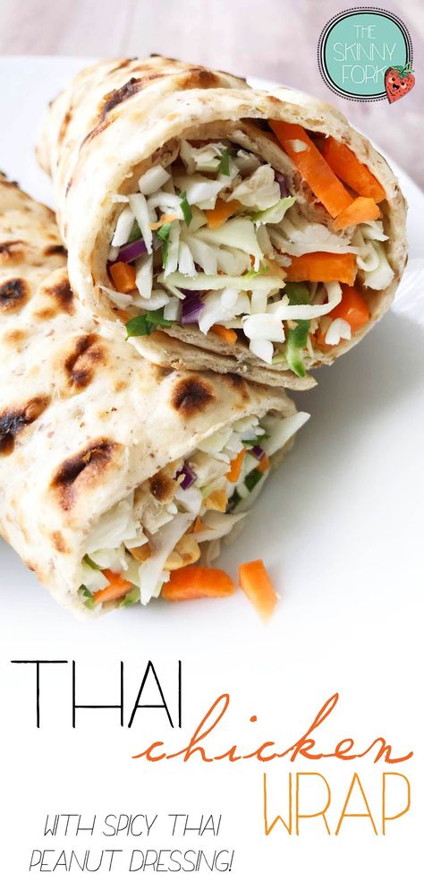 Meal prepping today? Make these Thai Chicken Wraps! Chicken, cabbage, carrot and peanut wrapped up in pita bread for a quick and delicious lunch option. Serve with spicy peanut sauce for dipping! TheSkinnyFork.com | Skinny & Healthy Recipes Asian Chicken Wrap Recipes, Chicken Cabbage Wraps, Thai Chicken Wraps With Peanut Sauce, Chicken Flatbread Wrap, Flat Bread Wraps, Bread Wrapping, Asian Wraps, Thai Peanut Dressing, Wraps Chicken