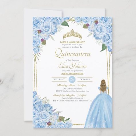 Light Blue Quinceanera Elegant Dress Rose Floral Invitation Cinderella Quinceanera, Rose Gold Princess, Cinderella Blue, Quince Invitations, Quinceanera Invitation, Quinceanera Invitations, Royal Princess, 15th Birthday, Blue Roses