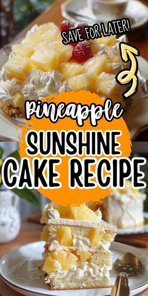 Pineapple Sunshine Cake—a heavenly dessert that bursts with tropical flavors and brightens any occasion. Made with layers of fluffy pineapple-infused cake, creamy whipped topping, and sweet pineapple filling, this dessert is like a ray of sunshine on your taste buds. Whether you're celebrating a special Southern Pineapple Sunshine Cake, Pineapple Filling For Cake, Sunshine Cake Recipe, Pineapple Sunshine Cake Recipe, Pineapple Sunshine Cake, Cakes Red Velvet, Pineapple Filling, Sunshine Cake, Tasty Cakes