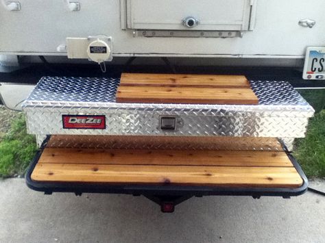 Toolbox step camper entry system, https://www.truckcampermagazine.com/camper-mods/vote-2017-truck-camper-mod-year/ Slide In Truck Camper Storage Ideas, Camper Underpinning Ideas, Truck Camper Storage Ideas, Camper Modifications, Cabover Camper, Camper Mods, Best Truck Camper, Camper Steps, Slide In Truck Campers