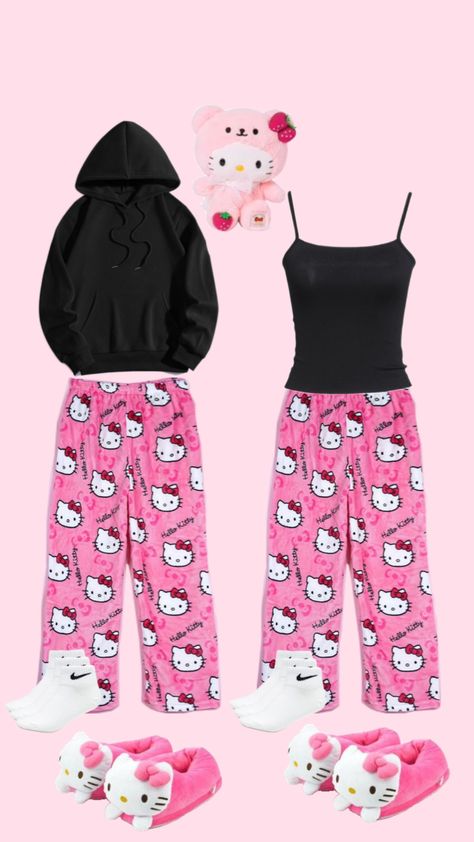 Hello Kitty Matching Pjs, Cute Matching Outfits For Couples, Hello Kitty Pjs, Hello Kitty Matching, Sleepover Outfit, Pjs Matching, Bff Matching Outfits, Y2k Cargo Pants, Matching Outfits Best Friend