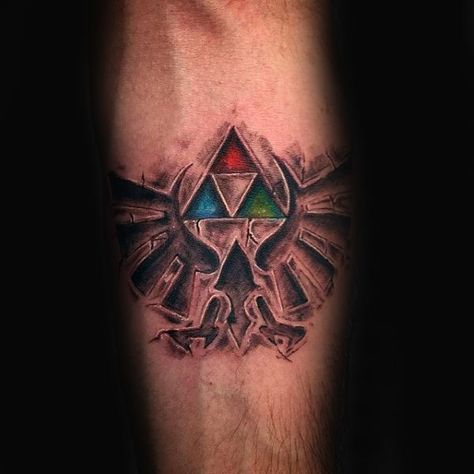 Mens Stone Zelda Triforce Tattoos Legend Of Zelda Tattoo, Triforce Tattoo, Video Game Tattoos, Nerdy Tattoos, Zelda Tattoo, Omerta Tattoo, Arte Nerd, Gaming Tattoo, Zelda Art