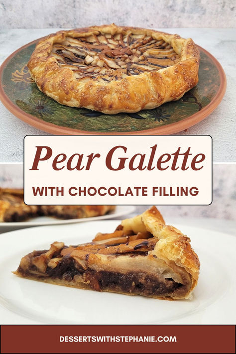 two photos - one with slice of pear galette and one with full galette before cutting Dessert Galette, Pear Galette, Fruit Pie Recipe, Almond Filling, Pear And Almond Cake, Custard Pie Recipe, Pear Pie, Pear Dessert, Chocolate Pie Recipes