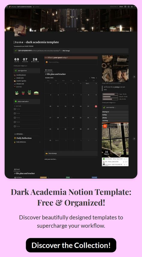 Free Dark Academia Notion template! Get organized with this aesthetically pleasing & functional template. Perfect for students & creatives. Dark Academia Notion Template, Dark Academia Notion, Academia Notion, Notion Template Free, Productivity Aesthetic, Free Notion Templates, Notion Ideas, Notion Planner, Notion Templates