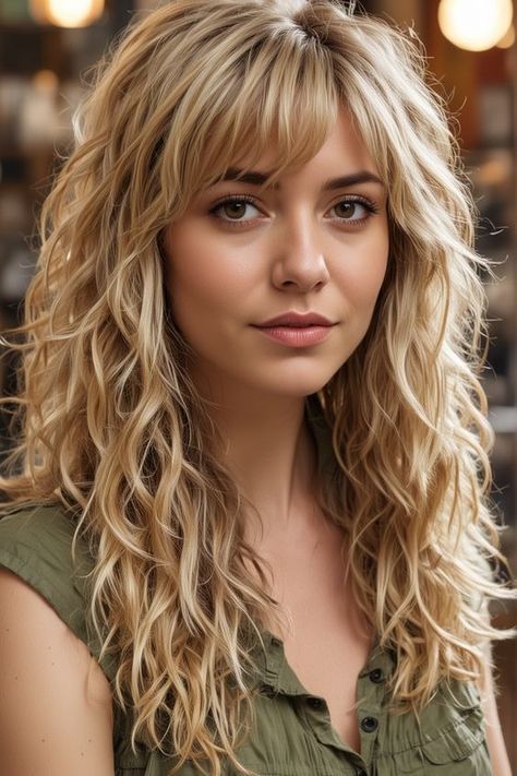 Transform your style with versatile long haircuts featuring bangs. Long Permed Hair With Bangs, Long Curly Hair With Fringe, Wavy Blonde Hairstyles, Whispy Curtains Bangs With Long Hair, Perm With Bangs, Beach Wave Perm, Straight Hair With Bangs, Bangs Cut, Curly Hair Fringe