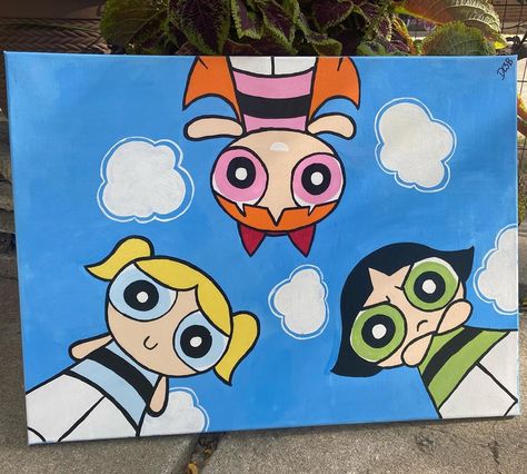 Power Puff Canvas Painting, Power Puff Painting, Power Puff Girls Painting, Powerpuff Girls Painting, Painting Ideas On Small Canvas, Cartoon Paintings, Room Paintings, Power Puff Girls, Acrylic Canvas Painting