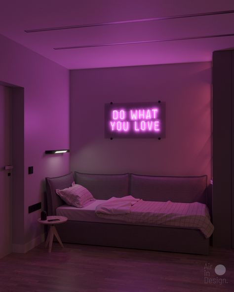 Accent neon sign in the bedroom of a teenager Neon Lights Room, Lights Room, Neon Bedroom, Bedroom Background, Neon Room, Revit Architecture, Autodesk Revit, Room Background, Teenage Bedroom