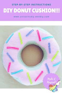 DIY Donut Cushion!!! Step-by-step instructions on www.unicornsdiy.weebly.com An easy DIY with hardly any skills needed. Get your beige, pink and pretty colours of felt together as well as some pillow stuffing, needle and thread, glue and sewing machine and you will be set to make this cute addition to your bedroom! Don't forget to make it magical! Donut Cushion, Pillow Stuffing, Diy Donut, Donut Pillow, Diy Donuts, Diy Pillow, Sewing Things, Diy Room, Diy Pillows