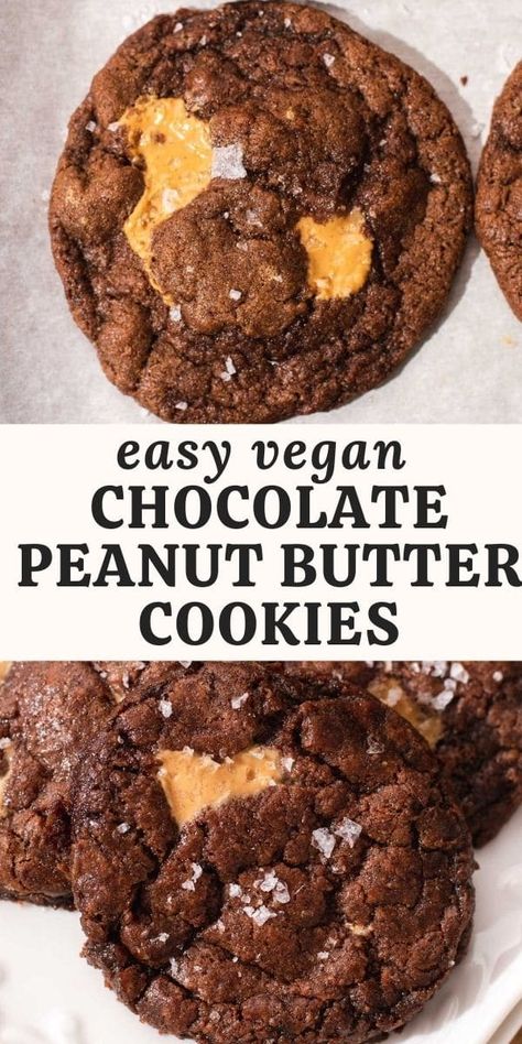 Vegan chocolate peanut butter cookies are fluffy brownie-like cookies with a gooey peanut butter center. They're like chocolate peanut butter cups in cookie form! Chocolate Peanut Butter Cookies Recipes, Vegan Chocolate Peanut Butter, Vegan Chocolate Cookies, Cocoa Powder Recipes, Vegan Peanut Butter Cookies, Vegan Gingerbread, Vegan Baking Recipes, Easy Vegan Dessert, Peanut Recipes