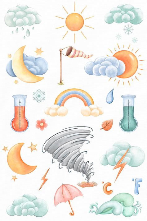 Seasons Clipart, Umbrella Clipart, Rain Clipart, Kawaii Weather, Weather Clipart, Cloud Clipart, Sun Clipart, Rainbow Clipart, Drawing Clipart