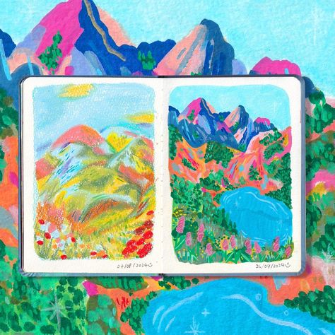 I’ve always loved painting nature and mountains ❤️✨ Left: Pastel Right: Posca & colour pencil Gouache And Oil Pastel, Dry Pastel Art, Painting Nature, Dry Pastel, Colour Pencil, Pastel Art, Love Painting, Oil Pastel, Colored Pencils