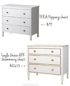 How to make a $100 IKEA Koppang nighstand look like a $2600 Layla Grace Grammercy chest: http://emilyaclark.blogspot.com/2013/09/our-white-gold-ikea-nightstand-makeover.html Diy Nightstand Makeover, Ikea Nightstand, Nightstand Makeover, Diva Den, Casa Clean, Diy Nightstand, Beautiful Bedroom, Furniture Hacks, Creative Furniture