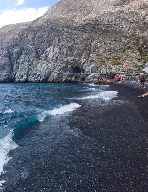 Black Sand Beach Santorini, Black Beach Santorini, Santorini Black Beach, Black Sand Beaches, Perissa Beach, Black Sand Beach, North Coast, Blue White And Black, Santorini Greece