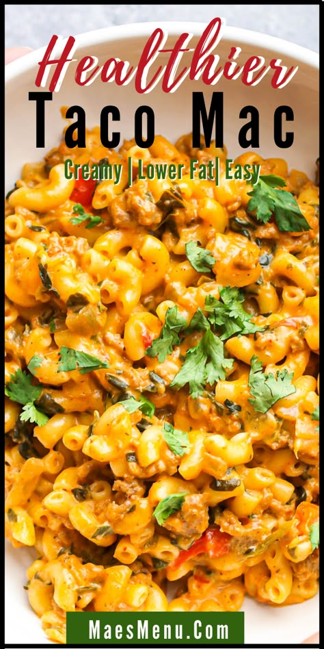 Creamy and full of taco flavor, this Healthier Taco Mac and Cheese is lower in sodium and fat while still tasting like the comfort food you crave. #healthycomfortfood #dinnerideas #tacomac&cheese Easy Taco Mac Maebells, High Protein Taco Mac And Cheese, Taco Mac Casserole, Mac And Cheese Tacos, Ground Chicken Mac And Cheese, Southwestern Mac And Cheese, Healthy Taco Mac And Cheese, Easy Taco Mac, Mexican Mac And Cheese Recipe