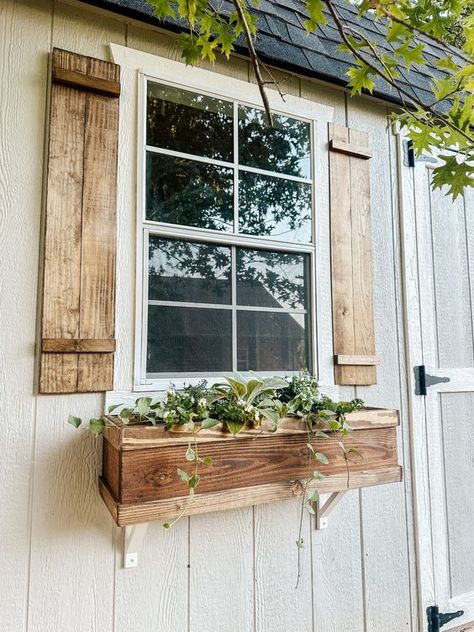 She Shed DIY Flower Boxes - Itty Bitty Farmhouse Shed With Flower Boxes, Window Garden Boxes, Window Boxes On Mobile Home, Shed Window Box Ideas, Diy Window Flower Boxes, Rustic Window Boxes, Shed Window Boxes, Flower Boxes Window, Window Box Diy