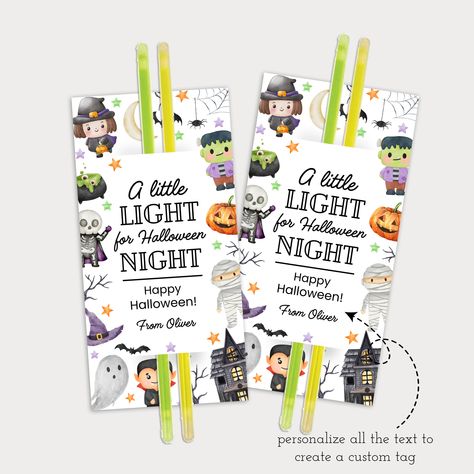 When black cats prowl and pumpkins gleam, it's Halloween! Celebrate the spooky season with custom glow stick tags perfect to add to Halloween goodie bags or use as class gifts. + Includes editable template for 2 1/2" x 5" gift tags that print 6 per 8 1/2" x 11" page or a singe 2 1/2"x 5" jpg tag that can be used over and over+ All text on template are editable using Canva. You can change font style, color, size, delete text blocks and more. How It WorksAfter purchase you will receive an email with a link to download instructions and links to your editable Canva template. Canva is an online design site that is free to use. If you do not have a Canva account you will need to sign up for a free account in order to save and edit your work. Links are included for templates for a single jpg 2 1/ Candy Free Halloween Goodie Bags, Halloween Gifts For Classroom, Halloween Party Gifts For Kids, Halloween Gifts For Preschoolers, Glow Stick Halloween Treats, Halloween Glow Stick Printable Free, Halloween Gift Tags For Kids, Hand Sanitizer Gift Tag Free Printable, Halloween Gifts For Classmates