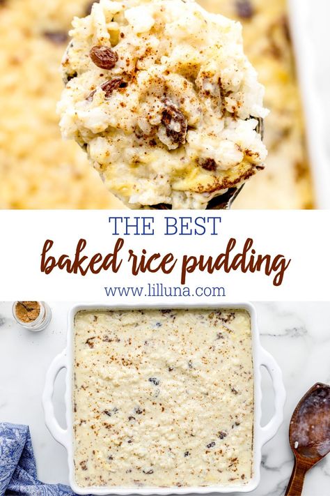 Old fashioned Baked Rice Pudding is studded with raisins for a warm and cozy classic dessert. It's easy and delicious! #bakedricepudding #ricepudding #dessert #bakedpudding Baked Rice Pudding Recipes Oven, Rice Pudding Baked In Oven, Rice Pudding Recipe With Raisins, Baked Rice Pudding With Cooked Rice, Old Fashioned Rice Pudding Recipe Baked, Custard Rice Pudding Baked, Baked Rice Pudding Oven, Rice Pudding Recipe Baked, Old Fashioned Baked Rice Pudding