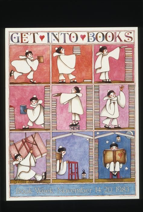 Official Children's Book Week poster, 1983, Tomie DePaola (B. 1934) Bookish Posters, Strega Nona, Tomie Depaola, Children's Book Week, Into Books, Library Posters, Reading Posters, Traditional Media, Library Art