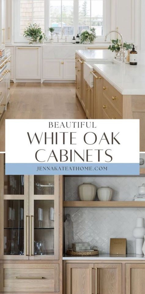 White oak kitchen cabinets are experiencing a surge in popularity, capturing the attention of homeowners and designers alike for their natural elegance and timeless appeal. As more people seek to blend style with sustainability, white Natural Kitchen Color Schemes, Washed Oak Kitchen Cabinets, Oak Cabinet Stain Ideas, Small Kitchen White Oak Cabinets, White Oak Kitchen Cabinets With Dark Island, White Oak Kitchen With Black Countertops, Kitchen Light Oak Cabinets, White Backsplash Oak Cabinets, Mixed Tone Kitchen Cabinets