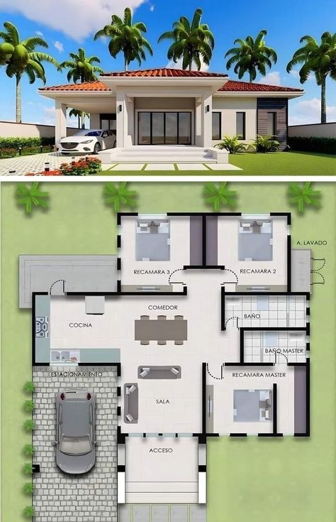 Dream House Plans Small, Case A Un Piano, House Animation, Modern Bungalow House Plans, Small House Blueprints, Detail Arsitektur, Bungalow Style House, Bungalow Style House Plans, 3d House Plans