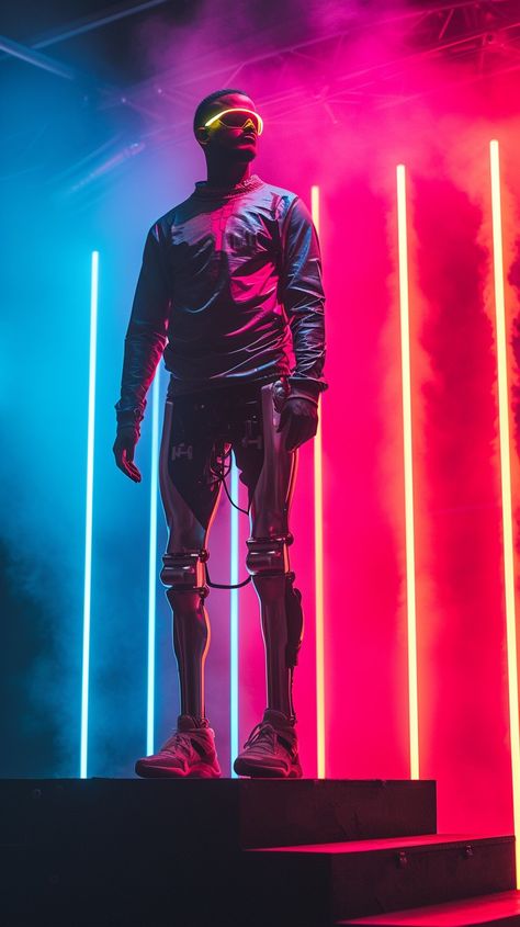 Futuristic Silhouette Display: A figure stands illuminated by neon lights, showcasing a modern, cybernetic design in a moody ambiance. #neon #silhouette #futuristic #cybernetic #illuminated #vertical #backdrop #human-like #aiart #aiphoto #stockcake https://ayr.app/l/CE5f Neon Silhouette, Image Downloads, Neon Lights, Creative Words, Neon Lighting, Light And Shadow, Character Illustration, Royalty Free Images, High Quality Images