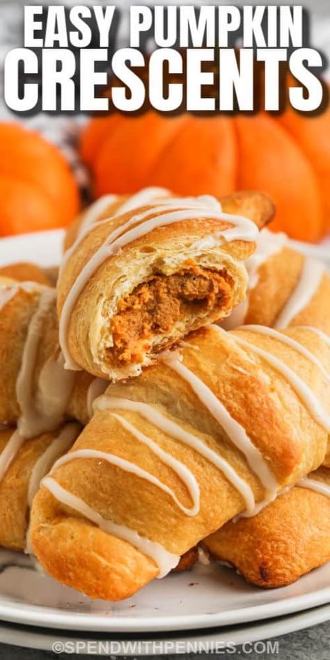 This pumpkin pie crescents recipe is so easy to make. Use a can of Pillsbury dough for the crust and fill it with pumpkin puree and pumpkin spice. So warm and delicious from the oven, these pumpkin pie crescents are the best dessert or snack! A warm filling of pumpkin puree, flaky dough, and a drizzle of white frosting; these will be devoured in no time! A perfect snack or dessert for the fall, or any time! #pumpkinpiecrescents #pumpkinpie #recipe #dessert Couscous Ideas, Crescent Desserts, Pumpkin Puree Recipes, Fall Deserts, Pillsbury Dough, Crescent Recipes, Pillsbury Recipes, The Best Dessert, Pumpkin Recipe