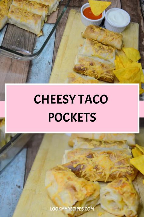 CHEESY TACO POCKETS https://lookmyrecipes.com/cheesy-taco-pockets-great-appetizer-or-dinner/ Loaded Taco Stuffed Cheesy Pockets, Cheesy Pocket Tacos, Cheesy Stuffed Taco Bread, Cheesy Taco Pockets, Pioneer Woman Cheesy Ground Beef Tacos, Cheesy Beef Taco Pockets 12 Tomatoes, Taco Pockets, Soft Tacos, Mexican Dinner