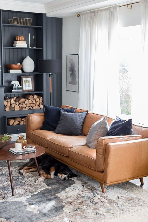 Mid Century Modern Living Room Leather Couch, Office West Elm, Den With Leather Couch, Living Room Designs Cognac Couch, Cognac Couches Living Room, West Elm Interior Design, Home Office Leather Couch, Leather Couch Blue Walls, Sitting Room Ideas Leather Couch