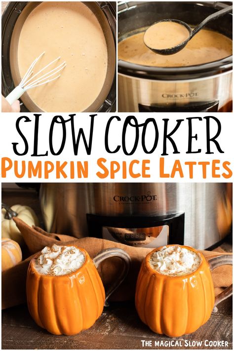 Make Pumpkin Spice Lattes for a crowd! These slow cooker pumpkin spice lattes are perfected sweetened and spiced. Great for any fall or winter party. #pumpkinspice #psl #crockpot #fall Slow Cooker Pumpkin Pie, Pumpkin Crockpot, Pumpkin Spice Latte Recipe, Homemade Pumpkin Spice Latte, The Magical Slow Cooker, Pumpkin Spiced Latte Recipe, Winter Drink, Homemade Pumpkin Spice, Slow Cooker Pumpkin