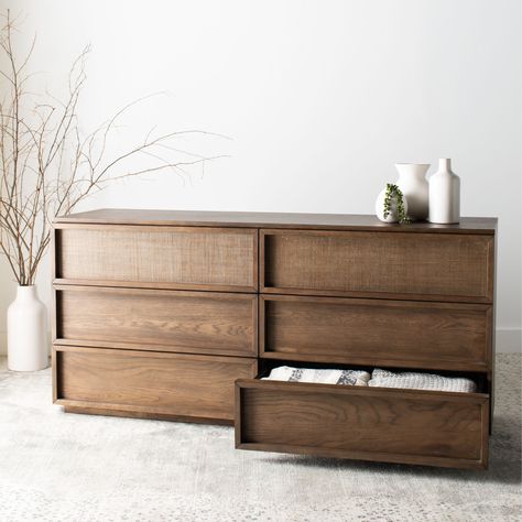 Crafted with the finest materials, this contemporary 6-drawer wood dresser is a design investment. Its timeless, quality wood construction features a luxurious natural finish that highlights its clean lines, as well as the defined frame on each drawer. Natural Wood Dresser, Dresser Design, 9 Drawer Dresser, Wooden Dresser, Wood Dresser, Bedroom Furniture Dresser, Double Dresser, Modern Dresser, 6 Drawer Dresser