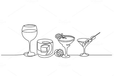 Glasses of alcohol drinks one line by Valenty on @creativemarket Drawing Bottle, Ice Vector, Glass Of Whiskey, Art Abstrait Ligne, Minimalist Drawing, Line Photo, Contour Drawing, Alcohol Drinks, Continuous Line Drawing