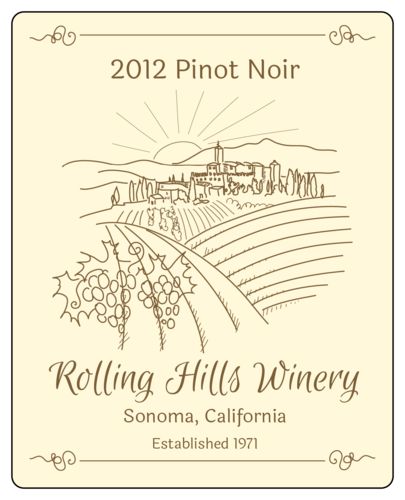 Top off your hand-crafted wines with this printable label template. Design features a pale yellow background with an illustration of a winery on rolling hills. Customize with your vineyard's name, the type of wine, date, and more. Free Wine Label Template, Free Printable Wine Labels, Wine Bottle Label Template, Wine Bottle Label Design, Wine Label Template, Wine Label Printable, Printable Label Templates, Water Bottle Labels Template, Wine Bottle Label